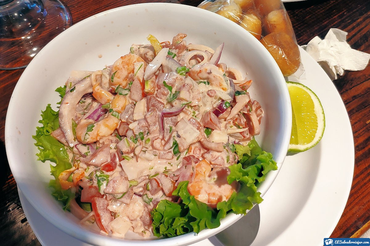 Typical Salvadoran dishes. Shrimp ceviche in a pink sauce.
